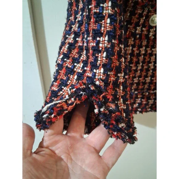 Zara Woman Tweed Blazer Jacket Navy Red White Pearl Button XS Metallic Plaid - Picture 5 of 10